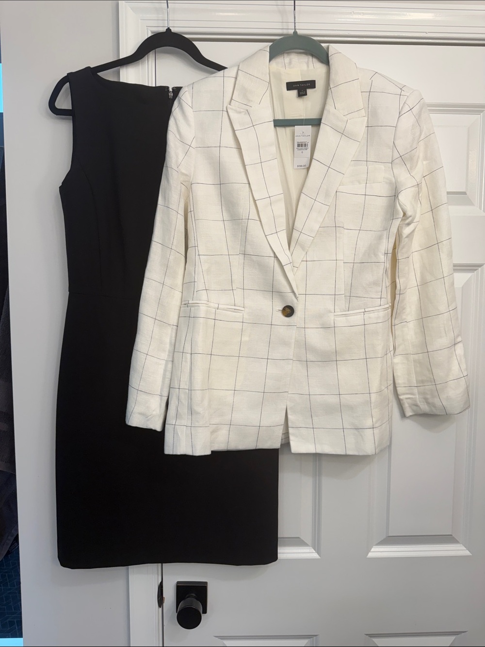 Ann Taylor White Windowpane Single-Button Linen Blazer & Black Boatneck Dress